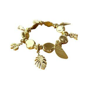 Gold-Tone Charm Bracelet With Leaf & Insect Motifs Adjustable Elastic Design